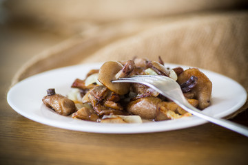 boletus mushrooms fried with onions in a plate