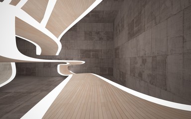 Empty dark abstract brown concrete and wood room smooth interior. Architectural background. Night view of the illuminated. 3D illustration and rendering