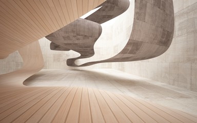 Empty dark abstract brown concrete smooth interior with wood . Architectural background. 3D illustration and rendering