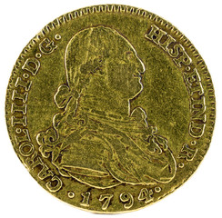 Ancient Spanish gold coin of King Carlos IV. With a value of 2 escudos and minted in Madrid. 1794. Obverse.