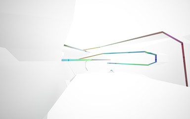 abstract architectural interior with white sculpture and geometric gradient glass box. 3D illustration and rendering