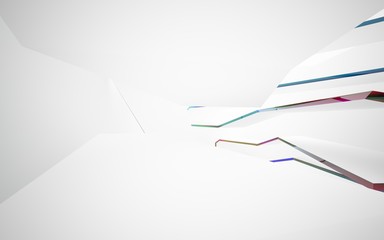 abstract architectural interior with white sculpture and geometric gradient glass box. 3D illustration and rendering