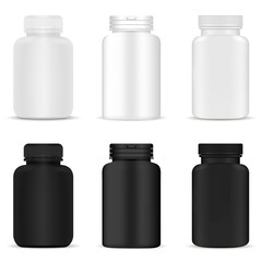 Pill Bottles Mockup Set. Medicine Tablet Plastic Container. Pharmaceutical Drug Jar. Round Blank Pakage for Supplenment, Tab in Black and White. 3d Vector Realistic Packaging Closup. Medical Cylinder.