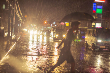 Philippine hard rain in a cyclone low-pressure area, flooded streets traffic accidents delay