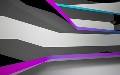 Abstract white interior of the future, with glossy black and colored gradient sculpture. 3D illustration and rendering