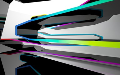 Abstract white interior of the future, with glossy black and colored gradient sculpture. 3D illustration and rendering
