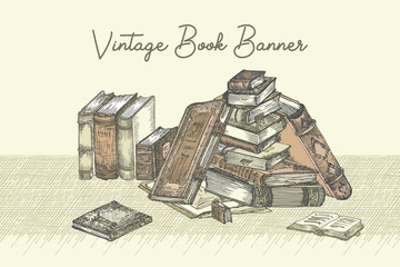 Banner with hand drawing sketch books. Concept vintage design for fair or festival flyer, paper, banner, school library retro poster, bookshop advertising in engraving style