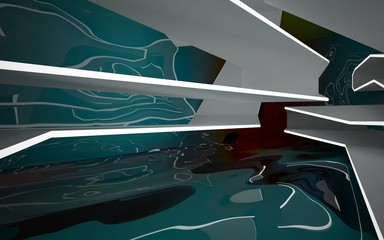Abstract white interior of the future, with glossy gradient colored water wall and floor. Night view. 3D illustration and rendering