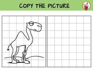 Camel in the desert. Copy the picture. Coloring book. Educational game for children. Cartoon vector illustration