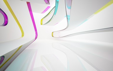 White smooth abstract architectural background whith colored gradient lines . 3D illustration and rendering