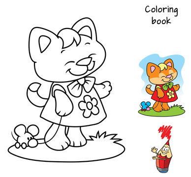 Cute little kitty with a toy mouse. Coloring book. Cartoon vector illustration