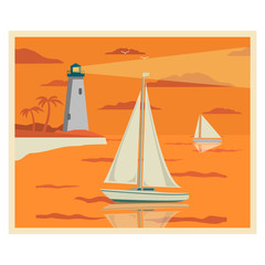 Naklejka premium Sunset landscape with the yacht and a beacon.Summer tropical resort beach sandy both palm trees.Lighthouse rock. A sea landscape sailing yacht.Vessel, ship. Sea tour on a holiday. Flat vector.