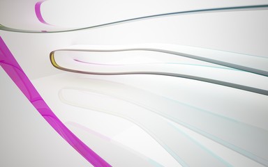 White smooth abstract architectural background whith colored gradient lines . 3D illustration and rendering