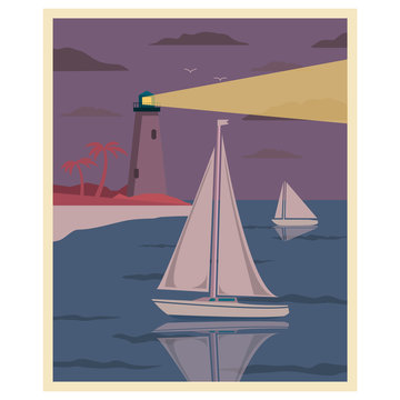 Night landscape with the yacht and a beacon.Summer tropical resort beach sandy both palm trees.Lighthouse rock. A sea landscape sailing yacht.Vessel, ship. Sea tour on a holiday. Flat vector.