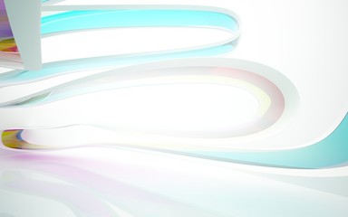 abstract architectural interior with colored smooth glass sculpture. 3D illustration and rendering