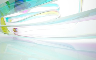 Obraz premium abstract architectural interior with colored smooth glass sculpture. 3D illustration and rendering