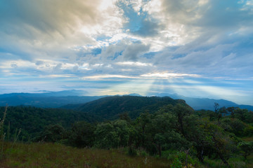 Fototapeta premium Beautiful sky, cloud, mist and mountain at Doi Mon Jong, Chiang Mai, Thailand