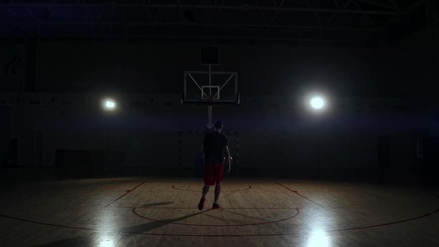 Behind shot of basketball player shooting hoops.