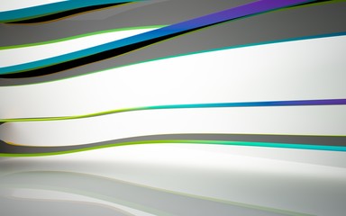 Abstract dynamic interior with colored gradient smooth objects. 3D illustration and rendering