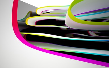 Abstract dynamic interior with colored gradient smooth objects and black room . 3D illustration and rendering