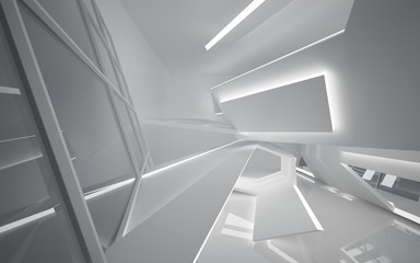 Abstract white interior of the future. Night view from the backlight. Architectural background. 3D illustration and rendering 