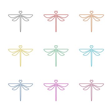 Dragonfly insect line icon, color set