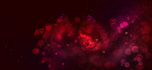 Valentine's Day Background. Abstract Red Bokeh and Hearts on dark background.