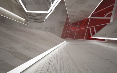 Empty dark abstract concrete room interior with red glass. Architectural background. Night view of the illuminated. 3D illustration and rendering