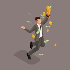 Trendy isometric people, 3d businessman, concept with young businessman, money, gold, receiving awards and money prize, profit isolated on dark background