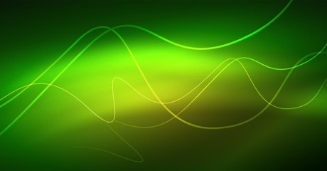 Abstract shiny glowinng color wave design element on dark background - science or technology concept