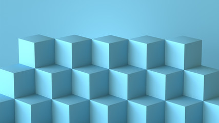 Blue cube boxes with blank wall background. 3D rendering.