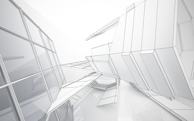 Abstract white interior highlights future with glass. Polygon drawing . Architectural background. 3D illustration and rendering