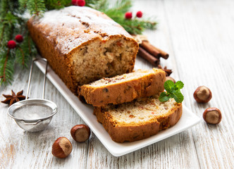 Fototapeta na wymiar traditional homemade stollen with dried fruits and nuts
