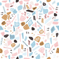 Terrazzo abstract seamless pattern. Trendy print. Vector hand drawn illustration.