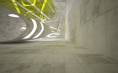 Empty dark abstract concrete room smooth interior with yellow glass. Architectural background. Night view of the illuminated. 3D illustration and rendering