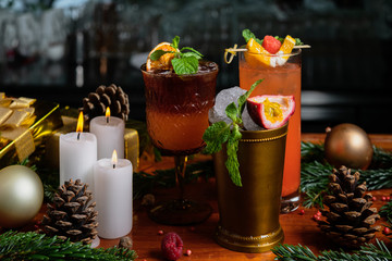 Cocktails and festive decoration during Christmas and New Year