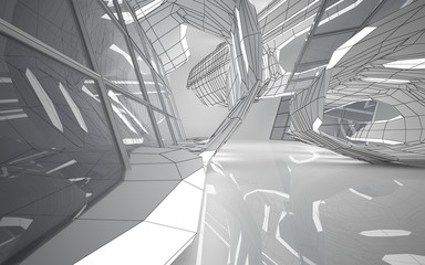 Abstract white interior highlights future. Polygon drawing . Architectural background. 3D illustration and rendering