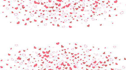 Red hearts of confetti crumbled. Festive background. Red on White fond Vector. Part of the design of wallpaper, textiles, packaging, printing, holiday invitation for Valentine's Day.