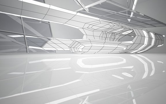 Abstract white interior highlights future. Polygon drawing . Architectural background. 3D illustration and rendering