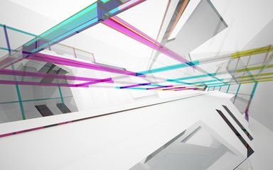 abstract architectural interior with white sculpture and geometric gradient glass lines. 3D illustration and rendering