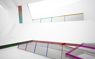 abstract architectural interior with white sculpture and geometric gradient glass lines. 3D illustration and rendering