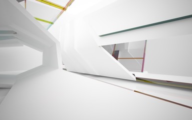 abstract architectural interior with white sculpture and geometric gradient glass lines. 3D illustration and rendering