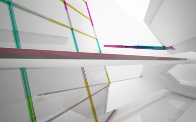 abstract architectural interior with white sculpture and geometric gradient glass lines. 3D illustration and rendering