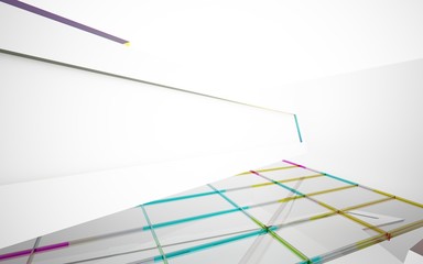Naklejka premium abstract architectural interior with white sculpture and geometric gradient glass lines. 3D illustration and rendering