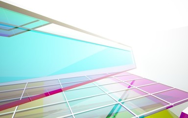 abstract architectural interior with gradient geometric glass sculpture. 3D illustration and rendering