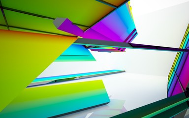 Abstract dynamic interior with gradient colored objects. 3D illustration and rendering