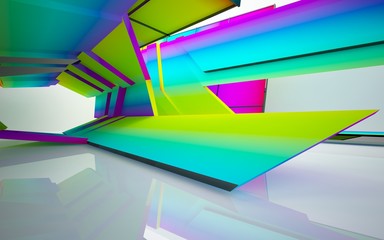 Abstract dynamic interior with gradient colored objects. 3D illustration and rendering