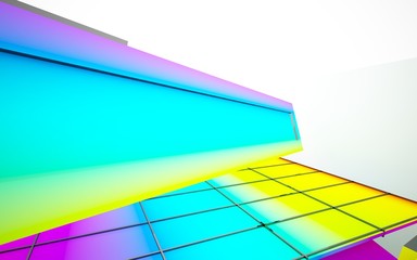 Abstract dynamic interior with gradient colored objects. 3D illustration and rendering