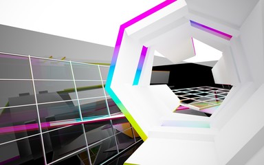 abstract architectural interior with gradient geometric glass sculpture, glossy black wall and floor. 3D illustration and rendering