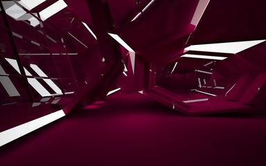 Fototapeta na wymiar Abstract interior of the future in a minimalist style with red colored sculpture. Night view . Architectural background. 3D illustration and rendering